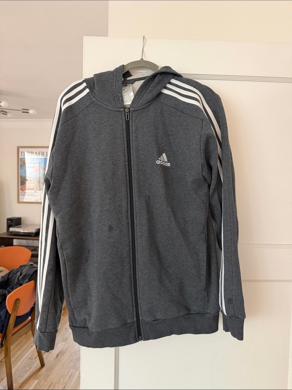 adidas Dark Gray Hooded Zip Sweatshirt with White Stripes